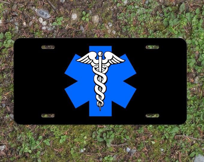 Caduceus Star of Life Symbol EMS EMT Medic - Vibrant Color Aluminum License Plate (Black Plate)
