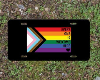 Every One Is Welcome Here Progress Pride Flag LGBTQ POC Transgender Flag - Vibrant Color Aluminum License Plate (Black Plate)