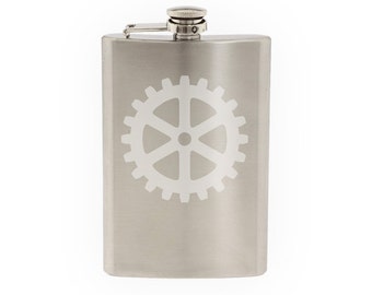 Industry #5 - Gear Mechanical Engineering Construction - Etched 8 Oz Stainless Steel Flask