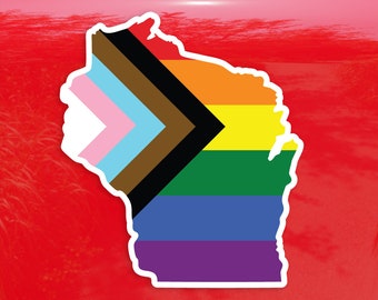 Wisconsin State State Shape Progress Pride Flag LGBTQ POC Transgender Flag - Vibrant Color Vinyl Decal Sticker