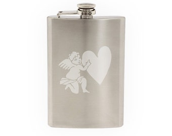 Love Doodle Art #5 - Happy Cupid - Valentine Affection- Etched 8 Oz Stainless Steel Flask
