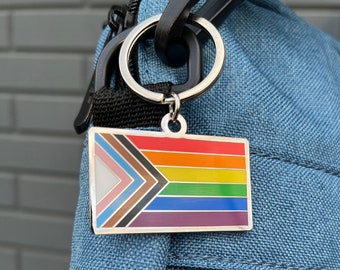 Progress Pride Flag LGBTQ POC Transgender Flag - 1.75 inch Enamel Keychain with Keyring