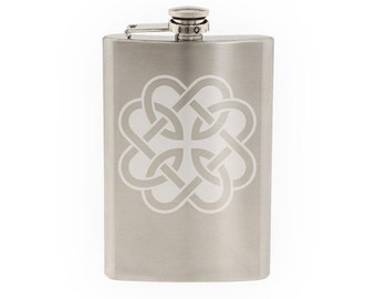 Celtic Pattern #7 - Knot Shamrock Medallion Irish Origin   - Etched 8 Oz Stainless Steel Flask