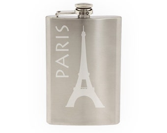 Great Architecture - Eiffel Tower Paris France Monument - Etched 8 Oz Stainless Steel Flask