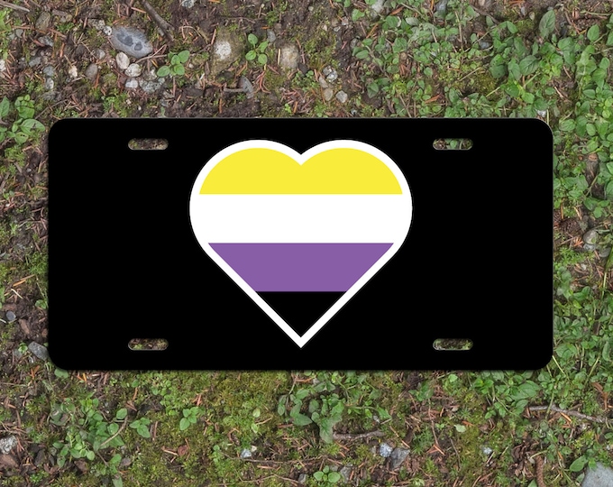Heart Non Binary Pride Flag LGBTQ+ - Vibrant Color Aluminum License Plate (Black Plate)