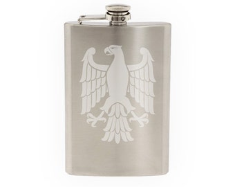 Heraldic Symbols #4 - European Eagle Sign Family Crest- Etched 8 Oz Stainless Steel Flask