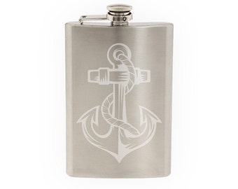 Stylized Anchor - Boating Fishing Nautical Pirate Art  - Etched 8 Oz Stainless Steel Flask
