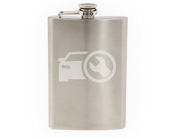 Car Garage Art #7 - Tune Up Engine Maintenance Symbol- Etched 8 Oz Stainless Steel Flask