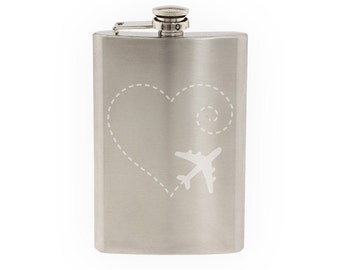 Airplane Drawing a Heart Swirl Love Sweet Valentine   - Etched 8 Oz Stainless Steel Flask