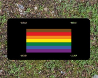 Inclusive Pride Flag LGBTQ+ - Vibrant Color Aluminum License Plate (Black Plate)