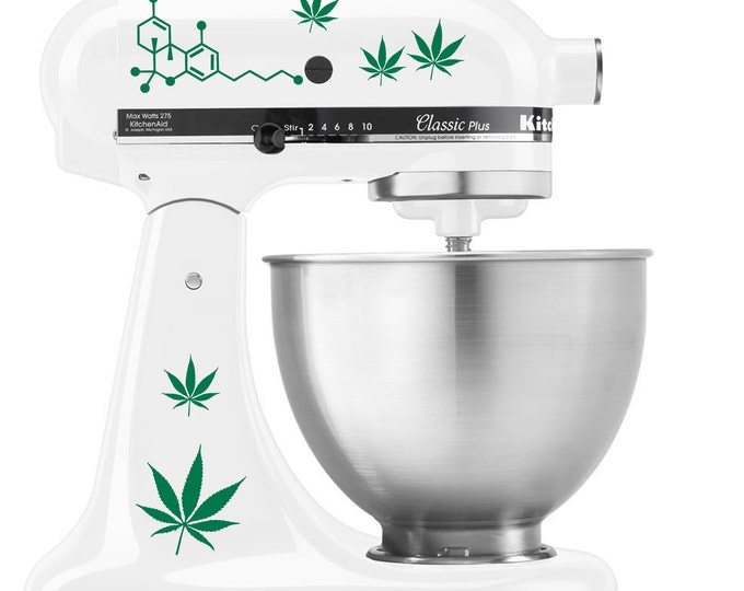 THC Marijuana Pot Leaf for your Edible Hobby Get Baked and Bake - Vinyl Decal Set for Kitchen Mixers
