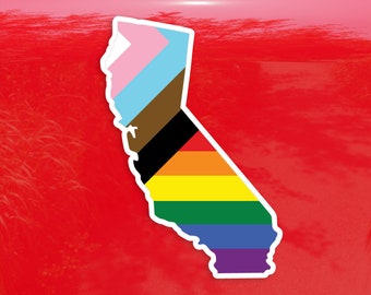 California State State Shape Progress Pride Flag LGBTQ POC Transgender Flag - Vibrant Color Vinyl Decal Sticker