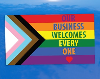 Our Business Welcomes Everyone Progress Pride Flag Red Heart - Vibrant Color Vinyl Decal Sticker