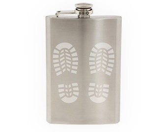 Boot Print - Foot Footmark Track and Field Hiking Climb  - Etched 8 Oz Stainless Steel Flask