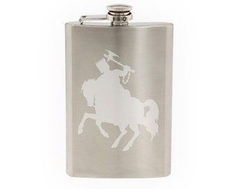 European Knight #3- Medieval Armored on Horseback Battle Ax - Etched 8 Oz Stainless Steel Flask
