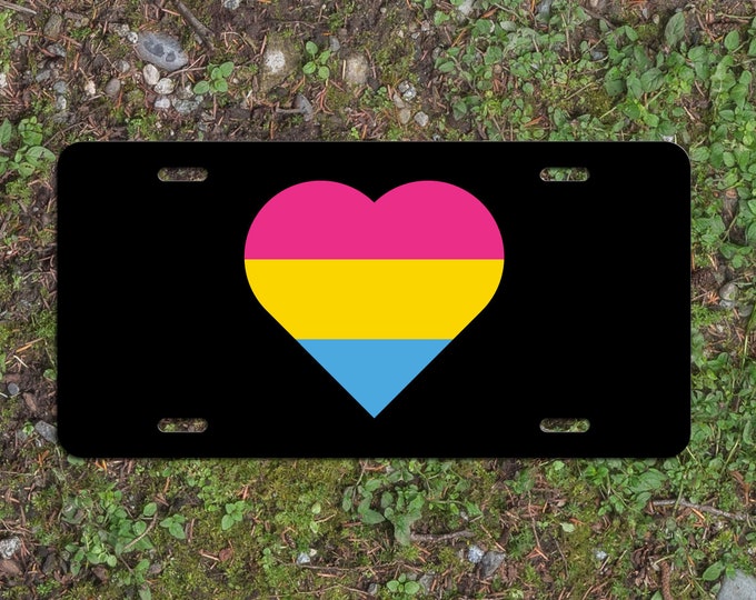 Heart Pansexual Pride Flag LGBTQ+ - Vibrant Color Aluminum License Plate (Black Plate)