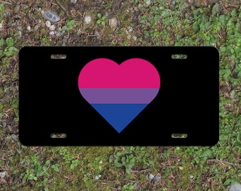 Heart Bisexual Pride Flag LGBTQ+ - Vibrant Color Aluminum License Plate (Black Plate)