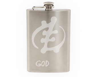 Adinkra Akan #1 - God African Sign Symbology - Etched 8 Oz Stainless Steel Flask