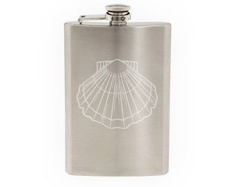 Ocean Biology Summer Beach - Scallop Clam Seashell- Etched 8 Oz Stainless Steel Flask