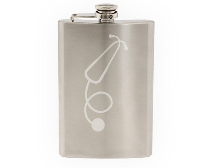 Medical #12- Stethoscope Aid Heart Beat Rate Care Health- Etched 8 Oz Stainless Steel Flask