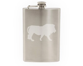 Wild Cat #5- Lion Stalking Prey Savannah Predator- Etched 8 Oz Stainless Steel Flask