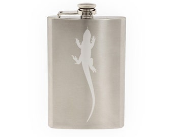 Animals Silhouette Biology - Lizard Anole Version 4  - Etched 8 Oz Stainless Steel Flask