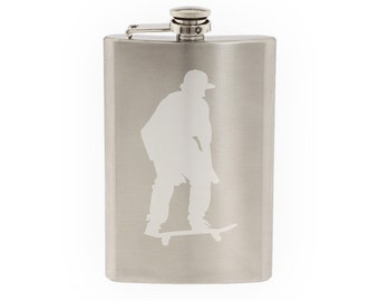 Skateboard Trick #11- Skate Shop Art Freestyle Flatland - Etched 8 Oz Stainless Steel Flask