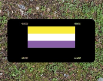 Non Binary Pride Flag LGBTQ+ - Vibrant Color Aluminum License Plate (Black Plate)