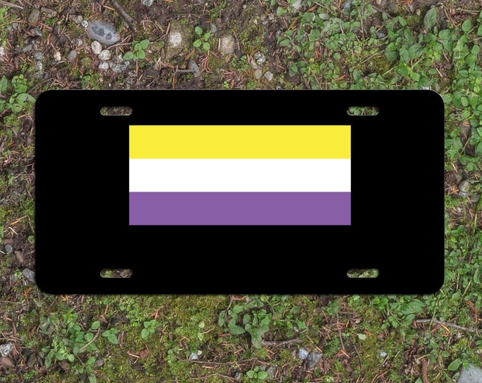 Non Binary Pride Flag LGBTQ+ - Vibrant Color Aluminum License Plate (Black Plate)