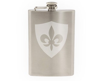 Fleur de lis #2 - Family Shield Lily Flower Heraldic  - Etched 8 Oz Stainless Steel Flask