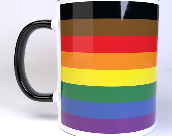 Philadelphia Inclusive Pride Flag Wraparound Design - 11 Ounce Ceramic Coffee Mug Teacup Black or White Handle