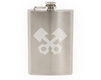Industry #7 - Engine Piston Silhouette Horsepower Torque- Etched 8 Oz Stainless Steel Flask