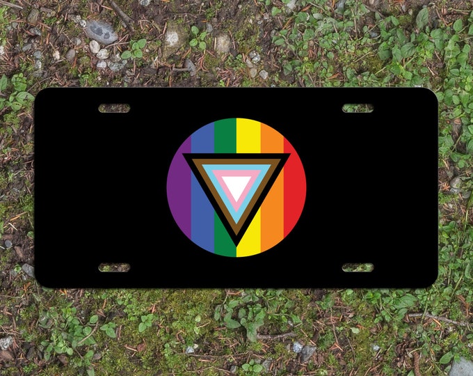 Safe Space Progress Pride Flag LGBTQ POC Transgender Flag - Vibrant Color Aluminum License Plate (Black Plate)