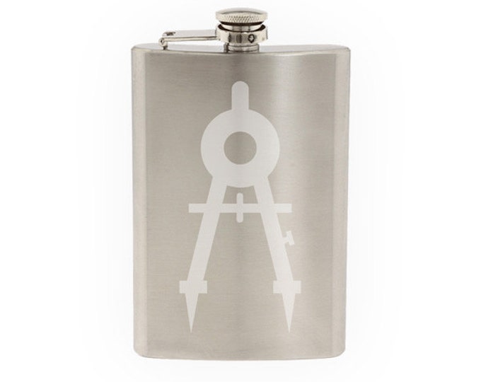 Engineering #4 - Blueprint Technical Compass Icon Symbol- Etched 8 Oz Stainless Steel Flask