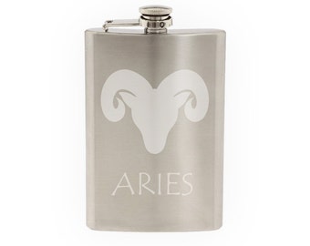 Zodiac Horoscope Astrology - Aries Ram Symbol  - Etched 8 Oz Stainless Steel Flask