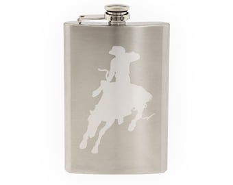 Wild West Rodeo - Cowboy on Horseback Lasso v.4- Etched 8 Oz Stainless Steel Flask