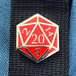 Red and Gold D20 Dice Enamel Pin – Tabletop RPG Lapel Pin for Gamers and Dungeon Masters