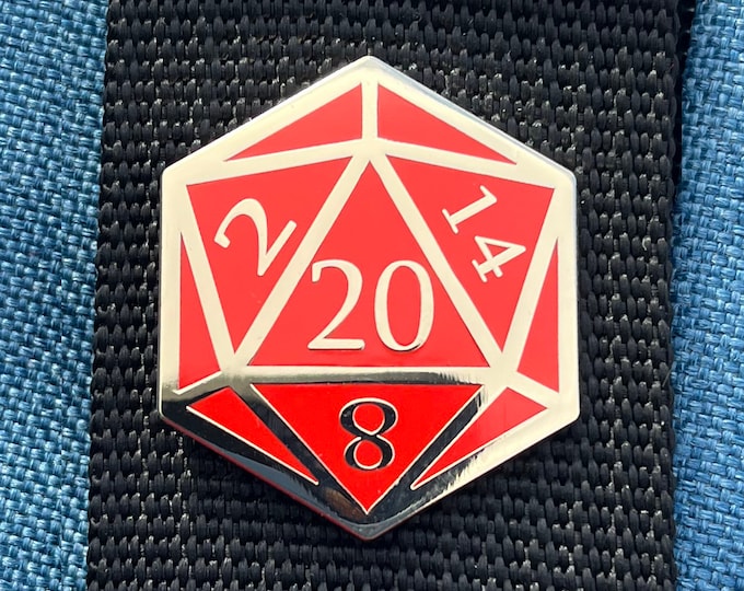Red and Gold D20 Dice Enamel Pin – Tabletop RPG Lapel Pin for Gamers and Dungeon Masters