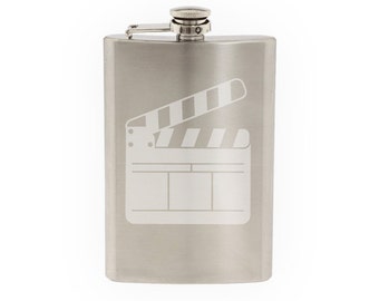 Cinema Home Theater Pt. 9 - Film Slate Clapper Board- Etched 8 Oz Stainless Steel Flask