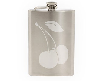 Fruit Doodle #2 - Cherry Drawing Art Cooking Restaurant- Etched 8 Oz Stainless Steel Flask