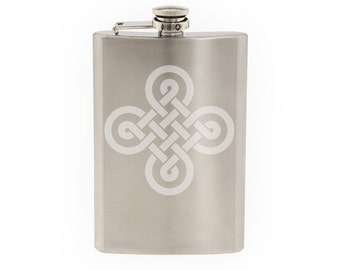 Celtic Pattern #5- Knot Square Medallion Irish Heritage   - Etched 8 Oz Stainless Steel Flask
