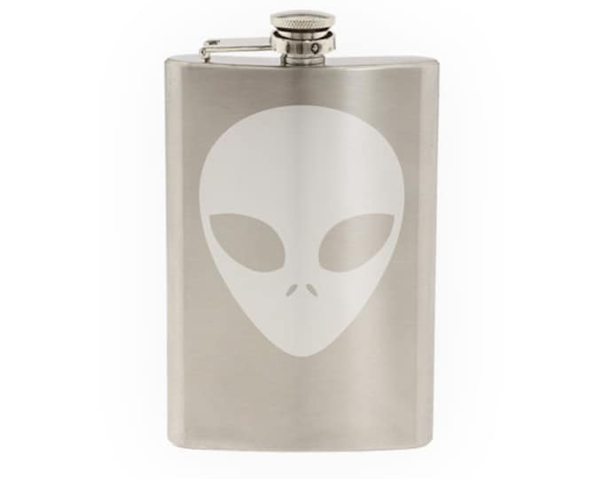 Space Icon - Alien Monster Face Extraterrestrial- Mountain Downhill Competitive - Etched 8 Oz Stainless Steel Flask