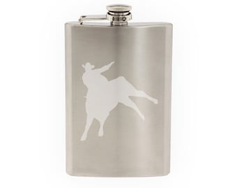 Cowboy silhouette #8 - Gunslinger Rodeo Bull Riding - Etched 8 Oz Stainless Steel Flask