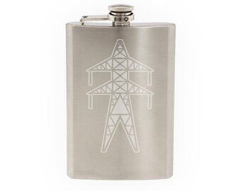 Industry #8 - Transmission tower Power Line Electricity- Etched 8 Oz Stainless Steel Flask