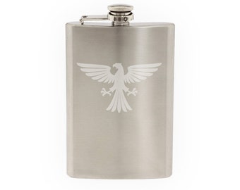 Heraldic Symbols #1 - European Eagle Sign Family Crest- Etched 8 Oz Stainless Steel Flask