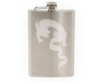 Dragon Mythology #1 - Snake Serpent Tattoo Symbol    - Etched 8 Oz Stainless Steel Flask