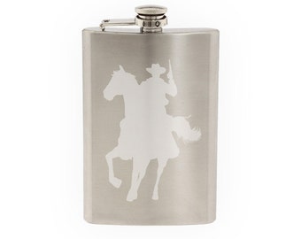 Cowboy silhouette #5 - Gunslinger Horseback Shootout- Etched 8 Oz Stainless Steel Flask