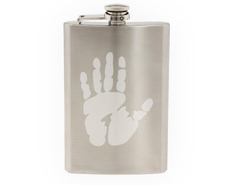 Hand Design #1 - Ink Stamp Style Palm Print- Etched 8 Oz Stainless Steel Flask