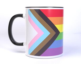 Pastel Color Progress Pride Flag POC Trans LGBTQ+ Pride Flag - 11 Ounce Ceramic Coffee Mug Teacup Black or White Handle