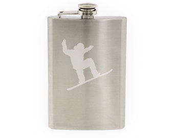 Sport Silhouette - Snowboard Riding- Etched 8 Oz Stainless Steel Flask